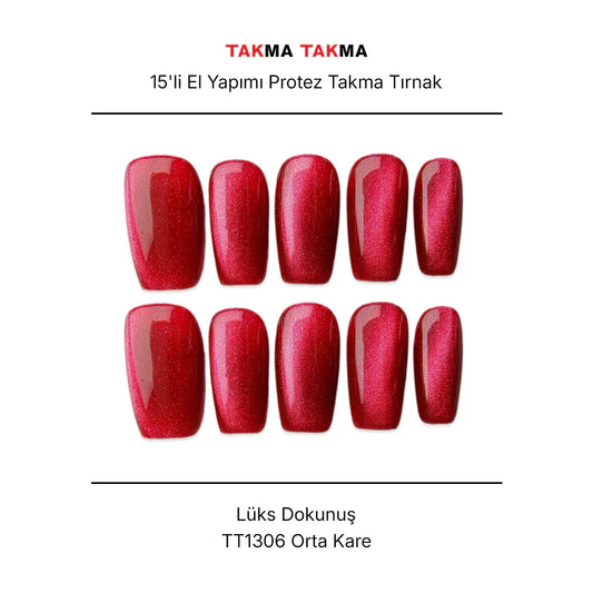 15'li Pembe Orta Kare TT1306 Tekrar Kullanılabilir El Yapımı Protez Takma Tırnak