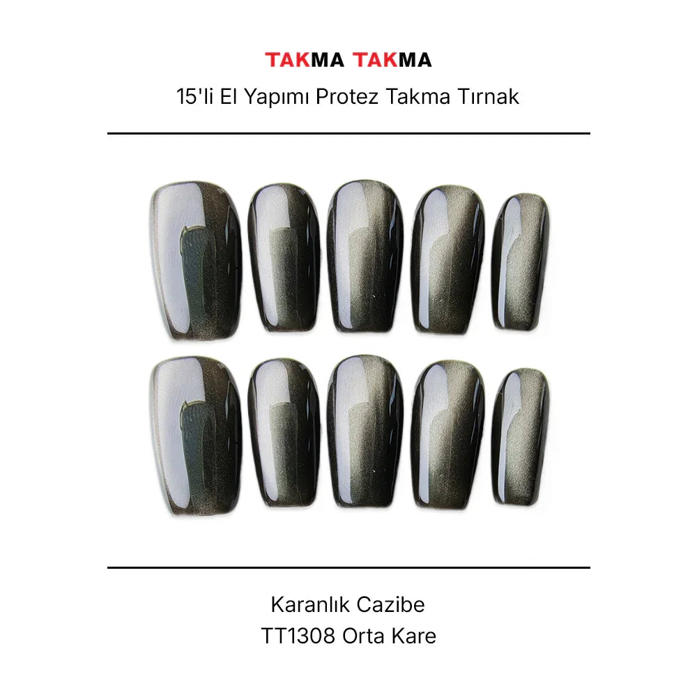 15'li Siyah Orta Kare TT1308 Tekrar Kullanılabilir El Yapımı Protez Takma Tırnak