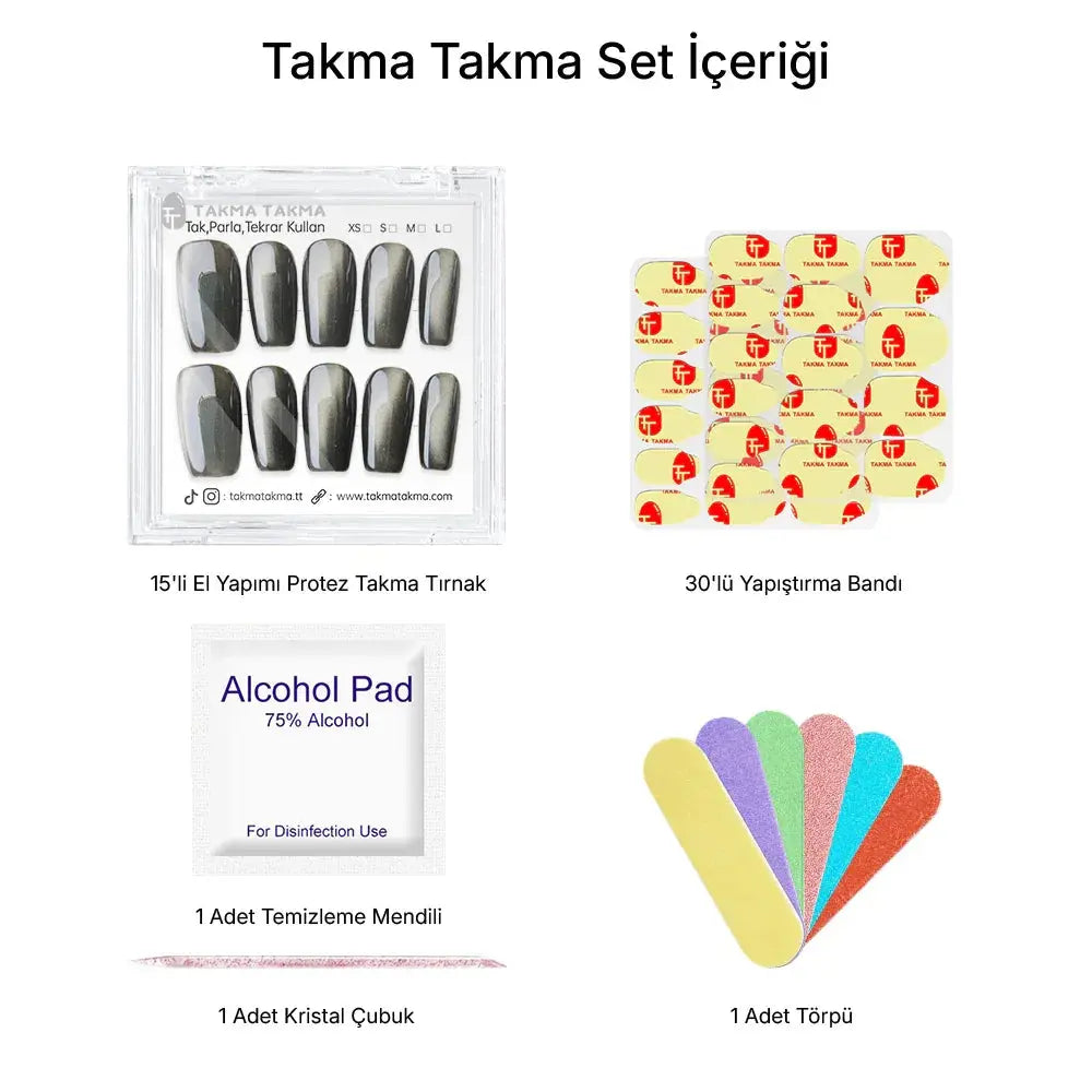 15'li Siyah Orta Kare TT1308 Tekrar Kullanılabilir El Yapımı Protez Takma Tırnak Takma Takma