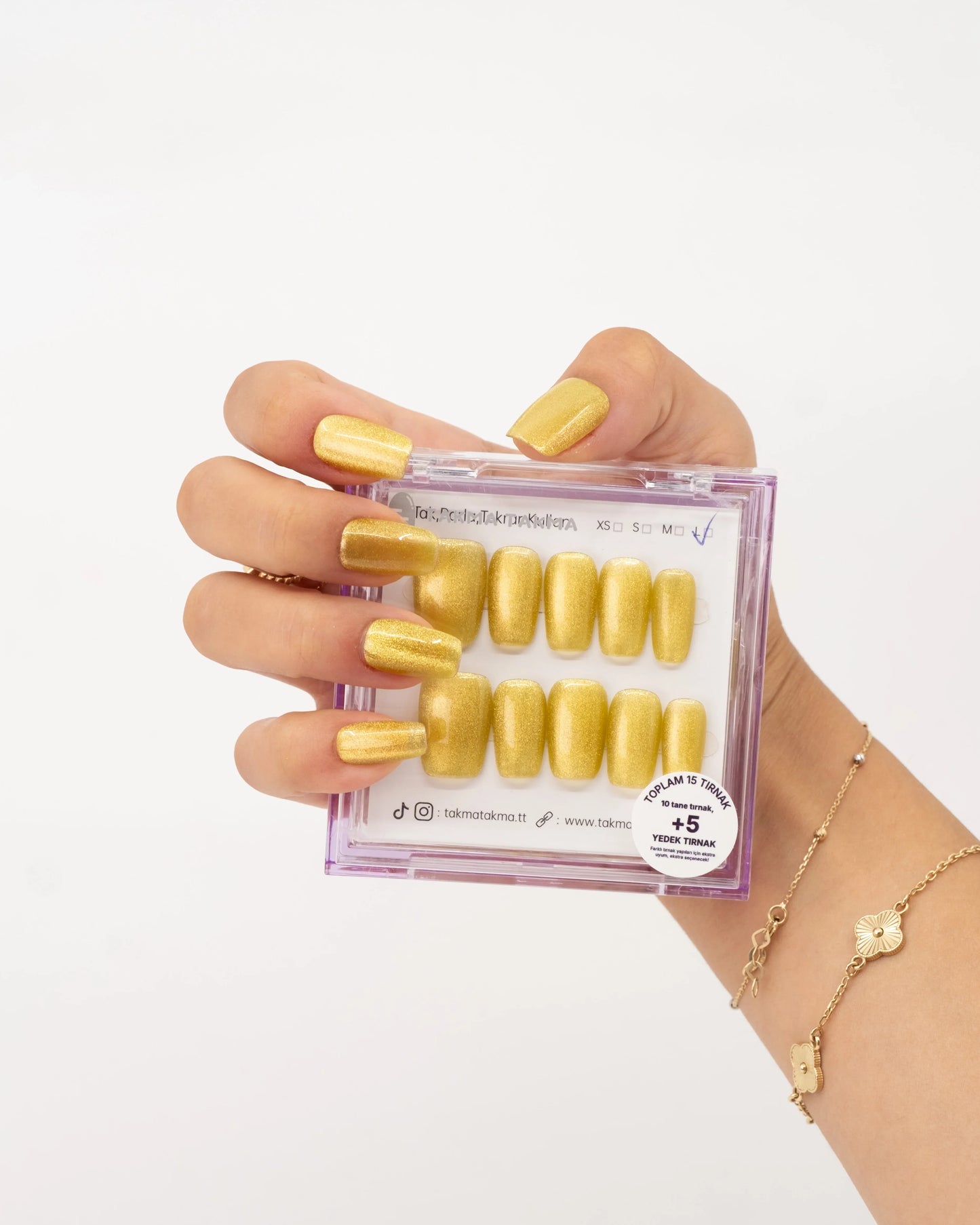 15'li Kısa Kare Sarı TT1310  Tekrar Kullanılabilir El Yapımı Protez Takma Tırnak