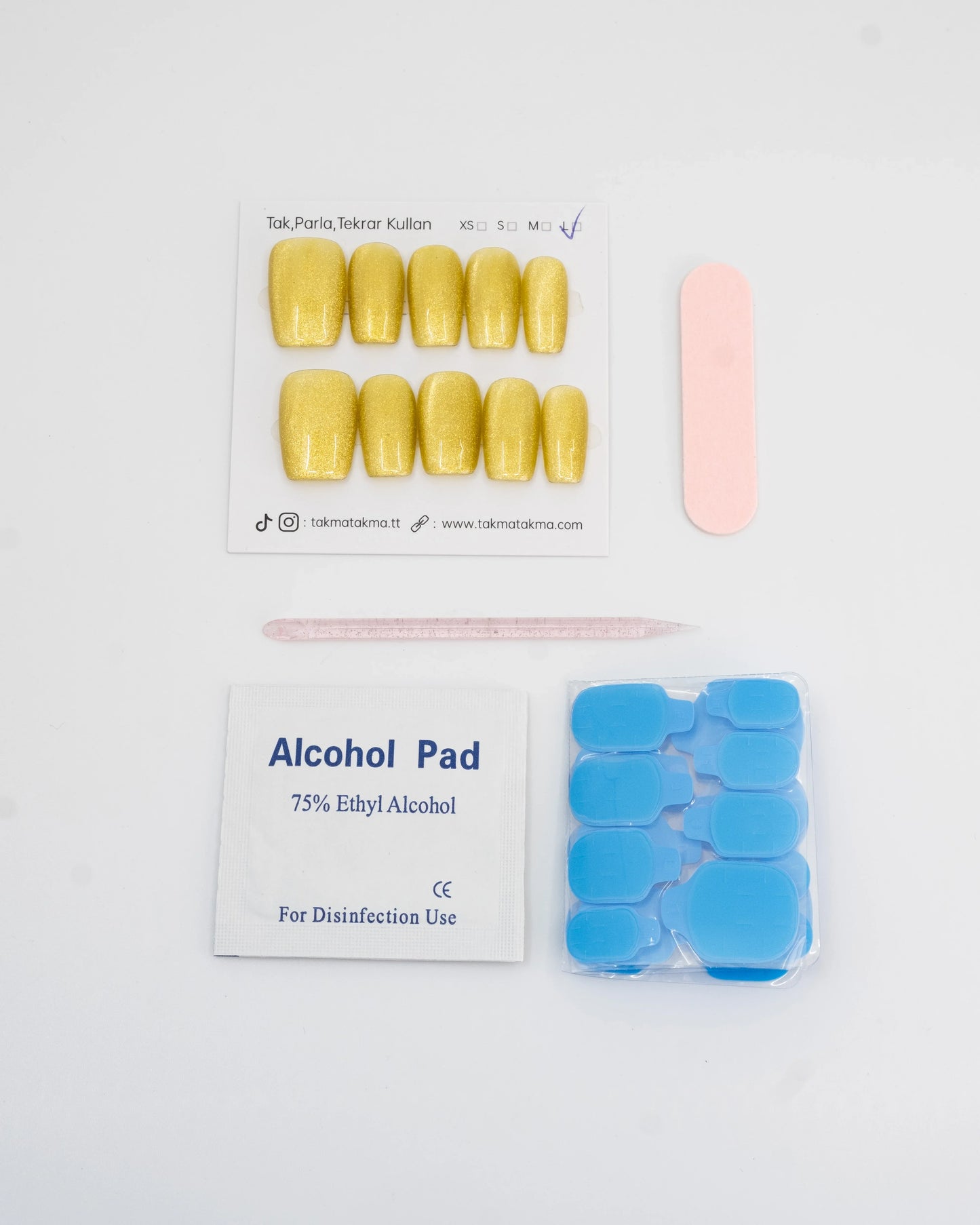 15'li Kısa Kare Sarı TT1310  Tekrar Kullanılabilir El Yapımı Protez Takma Tırnak