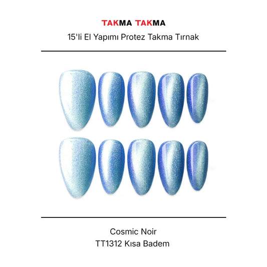 15'li Mavi Kısa Badem TT1312 Tekrar Kullanılabilir El Yapımı Protez Takma Tırnak