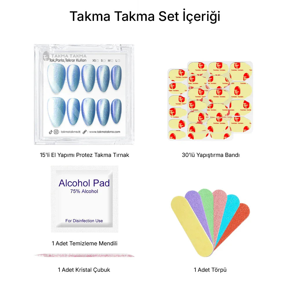 15'li Mavi Kısa Badem TT1312 Tekrar Kullanılabilir El Yapımı Protez Takma Tırnak