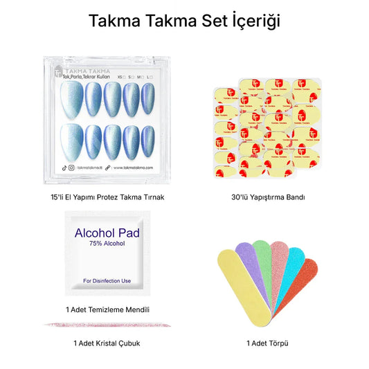 15'li Mavi Kısa Badem TT1312 Tekrar Kullanılabilir El Yapımı Protez Takma Tırnak