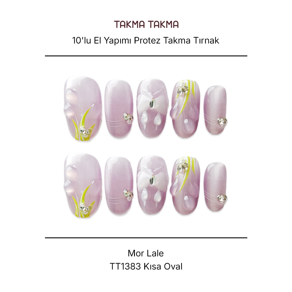 10'lu Mor Kısa Oval TT1383 Tekrar Kullanılabilir El Yapımı Protez Takma Tırnak Takma Takma
