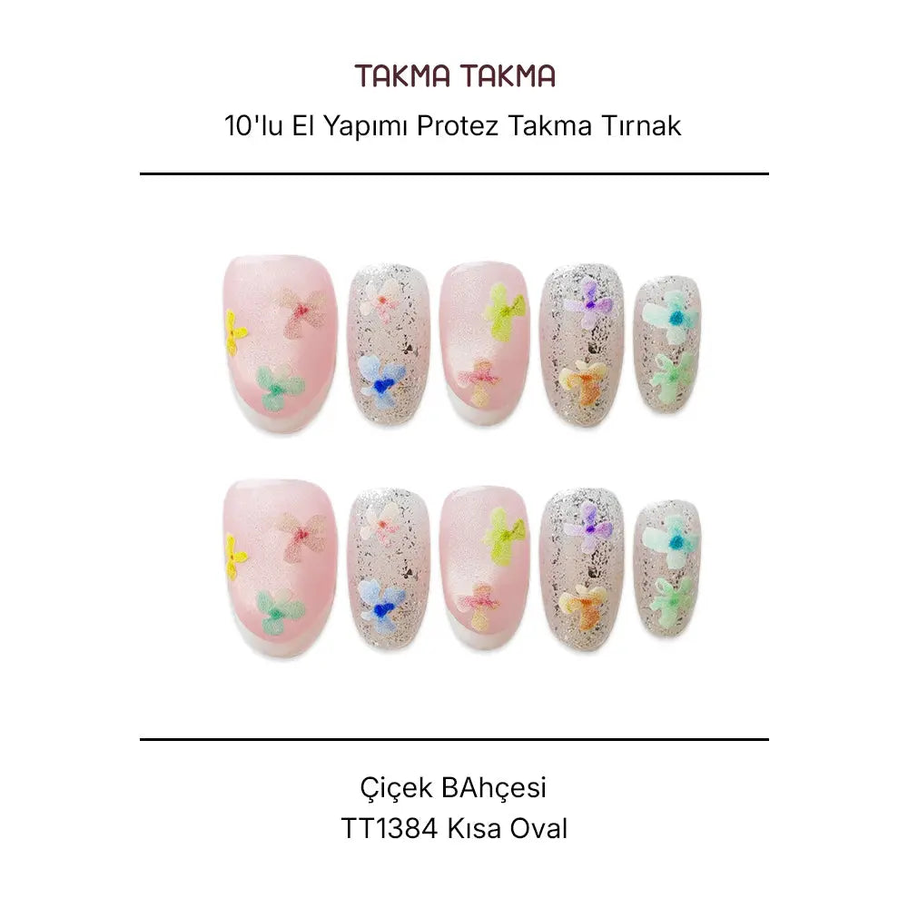 10'lu Renkli Kısa Oval TT1384 Tekrar Kullanılabilir El Yapımı Protez Takma Tırnak Takma Takma