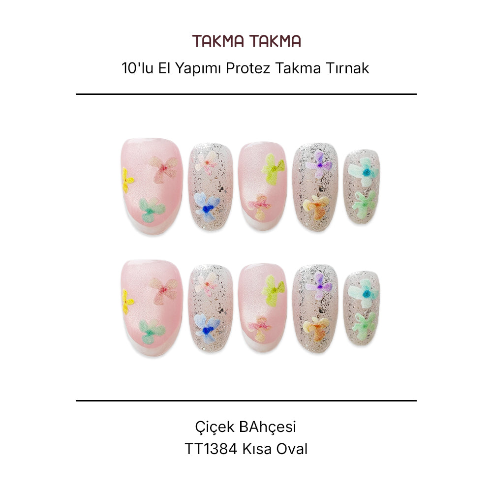 10'lu Renkli Kısa Oval TT1384 Tekrar Kullanılabilir El Yapımı Protez Takma Tırnak