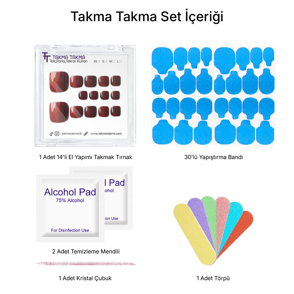 14'lü Bordo Ayak Tırnağı  TT1414 Tekrar Kullanılabilir El Yapımı Protez Takma Tırnak