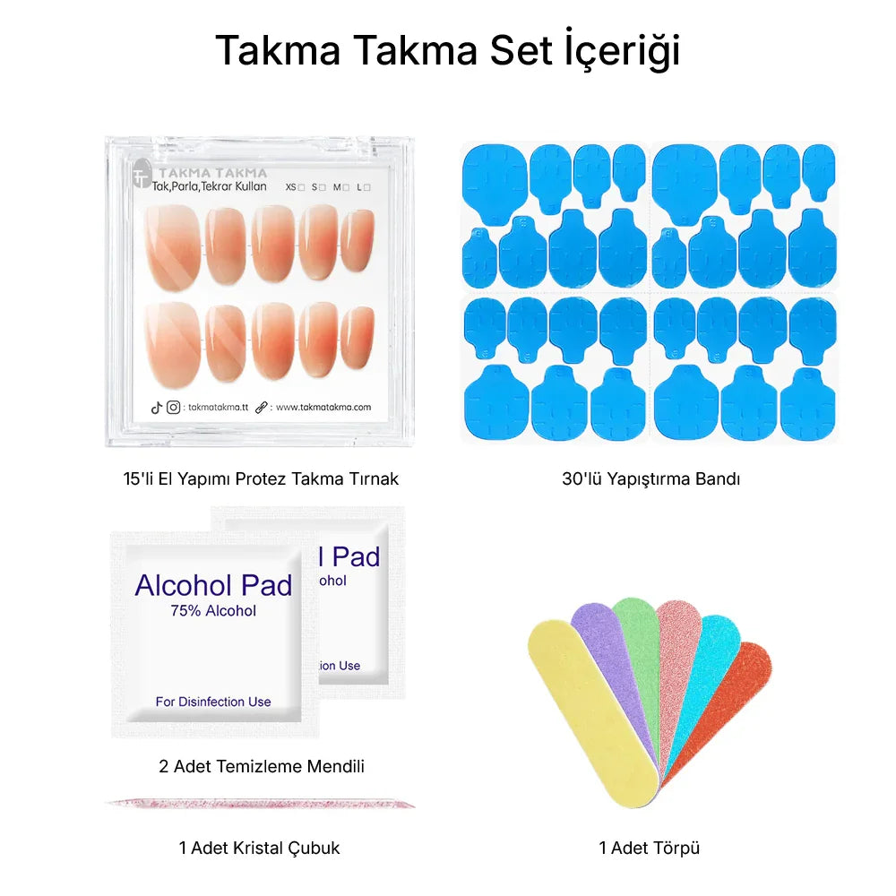 15'li Ten Rengi Kısa Oval TT1425 Tekrar Kullanılabilir El Yapımı Protez Takma Tırnak Takma Takma