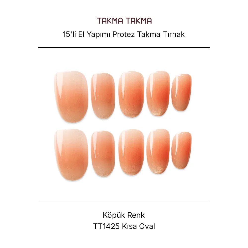 15'li Ten Rengi Kısa Oval TT1425 Tekrar Kullanılabilir El Yapımı Protez Takma Tırnak Takma Takma