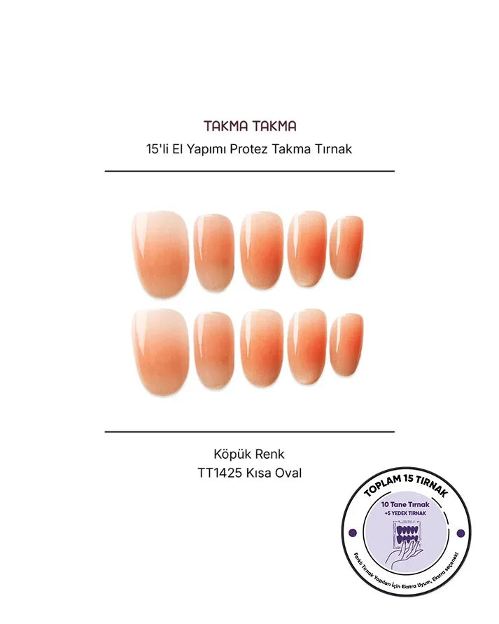 15'li Ten Rengi Kısa Oval TT1425 Tekrar Kullanılabilir El Yapımı Protez Takma Tırnak Takma Takma