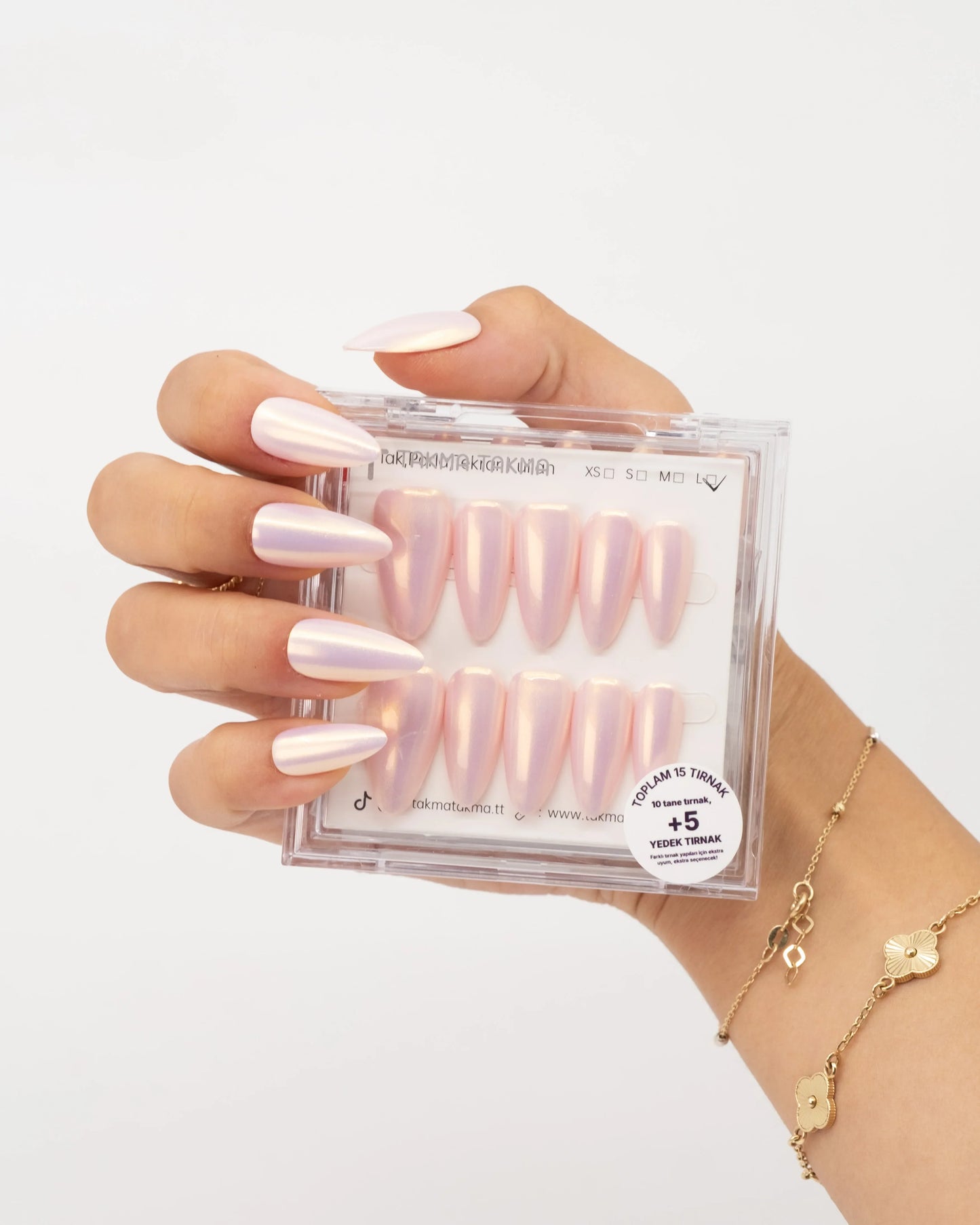 15'li  Pembe Uzun Badem TT1445 Tekrar Kullanılabilir El Yapımı Protez Takma Tırnak