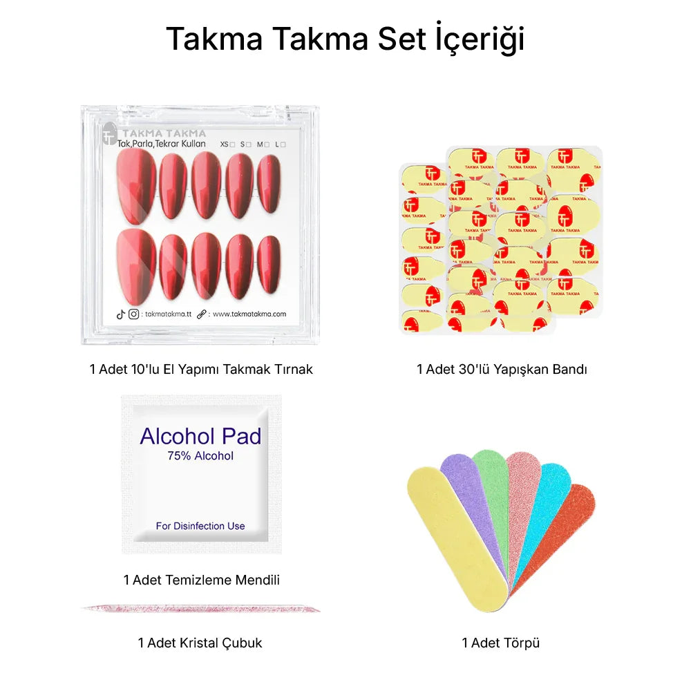 10'lu Bordo Uzun Badem TT1254 Tekrar Kullanılabilir El Yapımı Protez Takma Tırnak Takma Takma