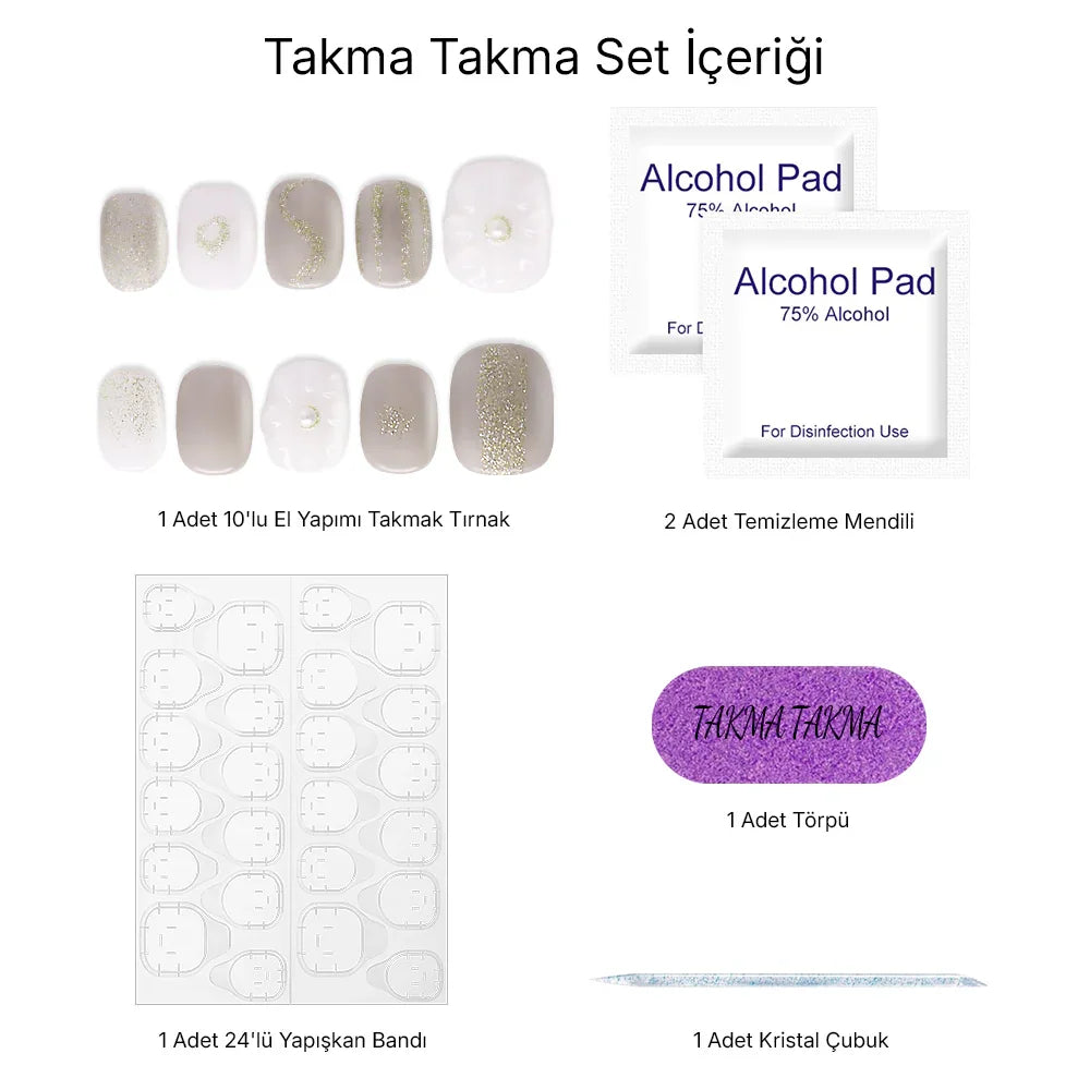 Tekrar Kullanılabilir El Yapımı Protez Takma Tırnak ZarifNotalar - 10'lu Kısa Yuvarlak