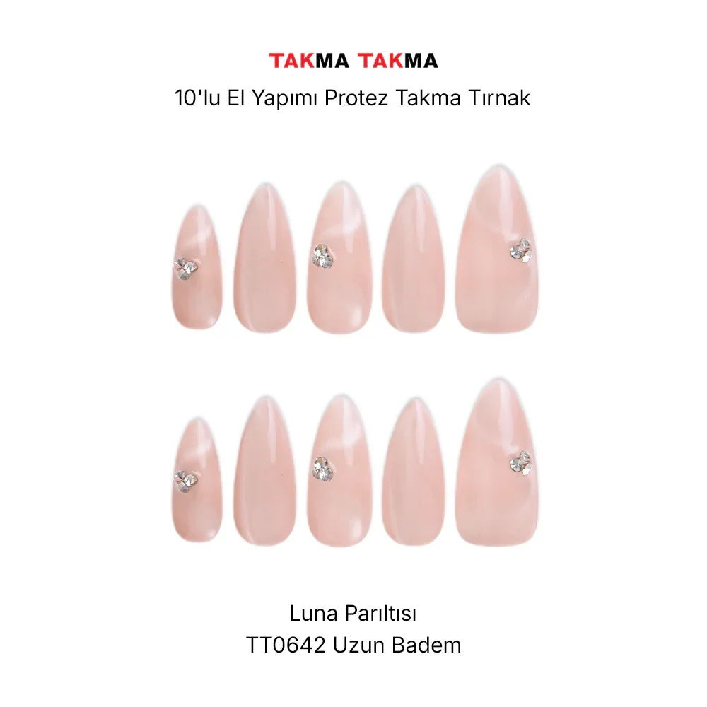 10'lu Pembe Uzun Badem TT0642 Tekrar Kullanılabilir El Yapımı Protez Takma Tırnak Takma Takma