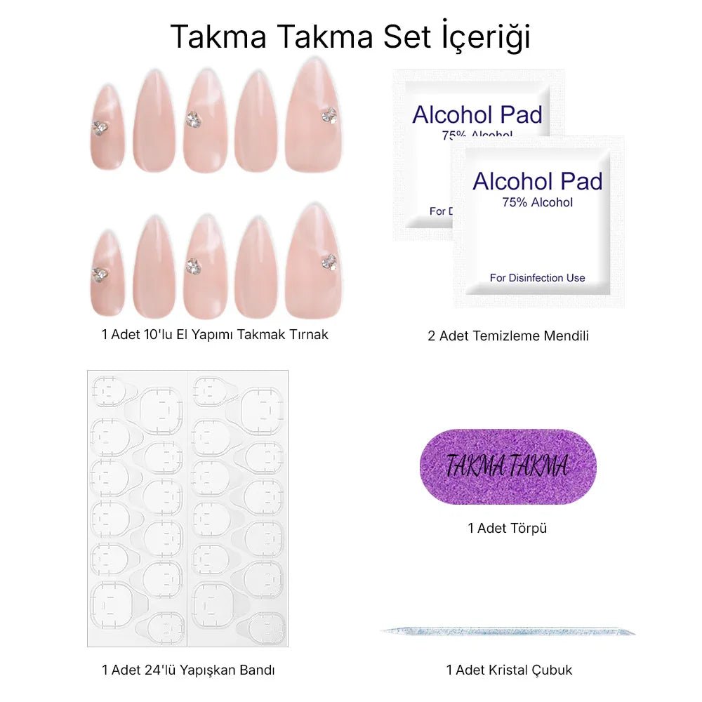 10'lu Pembe Uzun Badem TT0642 Tekrar Kullanılabilir El Yapımı Protez Takma Tırnak Takma Takma