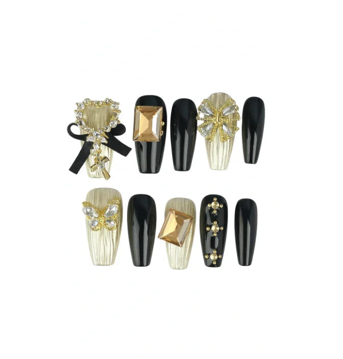 10'lu Siyah TT0153 Uzun Balerin Tekrar Kullanılabilir El Yapımı Protez Takma Tırnak