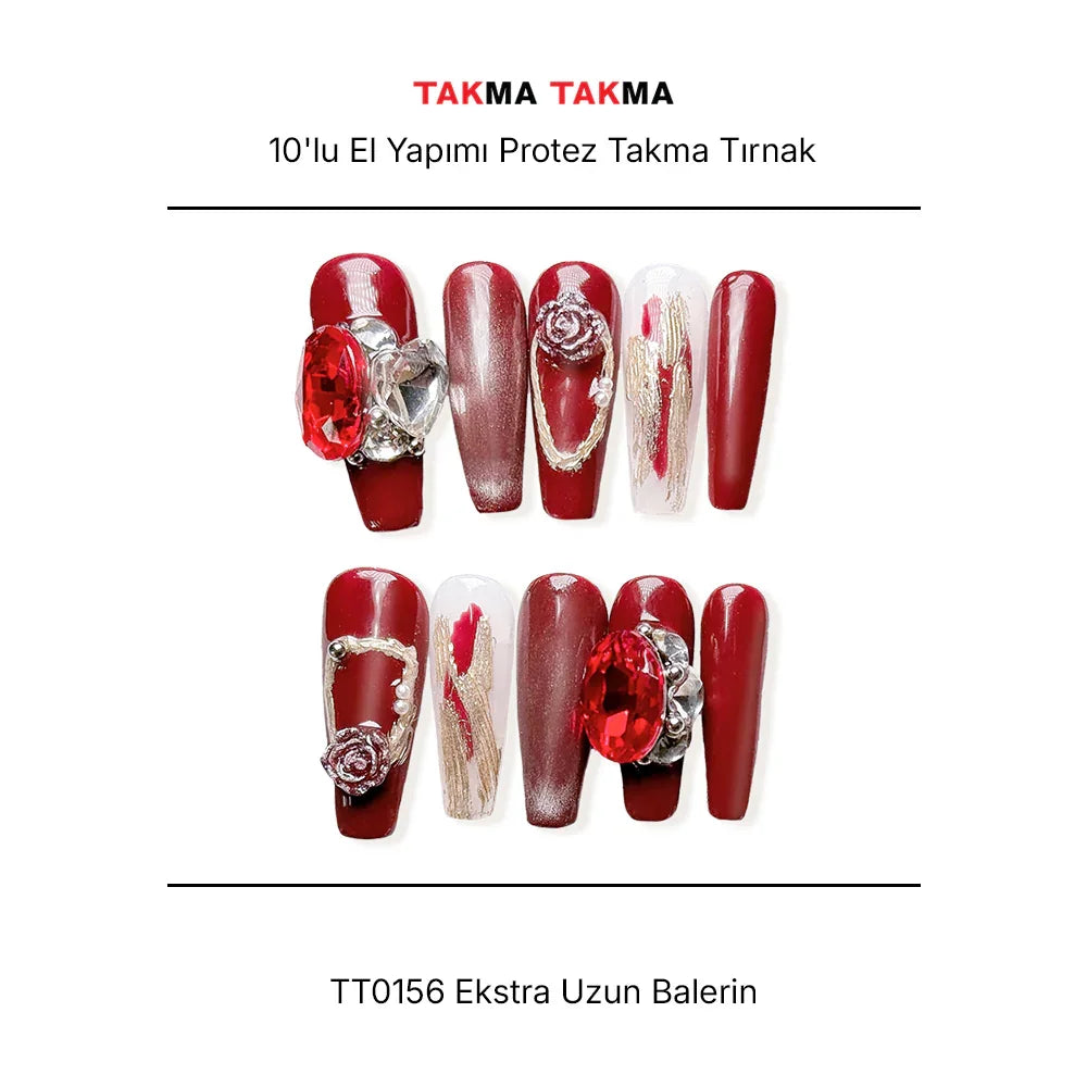 10'lu Kırmızı TT0156 Extra Extra Extra Tekrar Kullanılabilir El Yapımı Protez Takma Tırnak Takma Takma