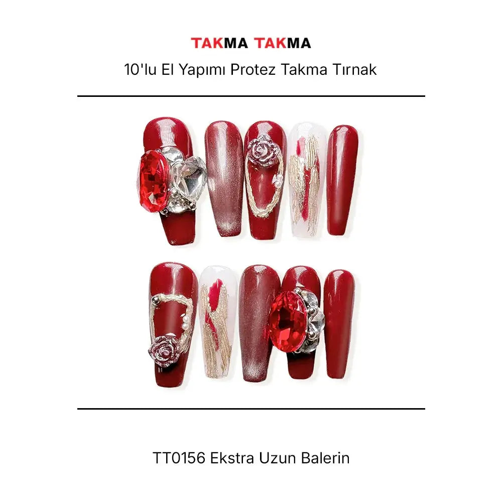 10'lu Kırmızı TT0156 Extra Extra Extra Tekrar Kullanılabilir El Yapımı Protez Takma Tırnak Takma Takma