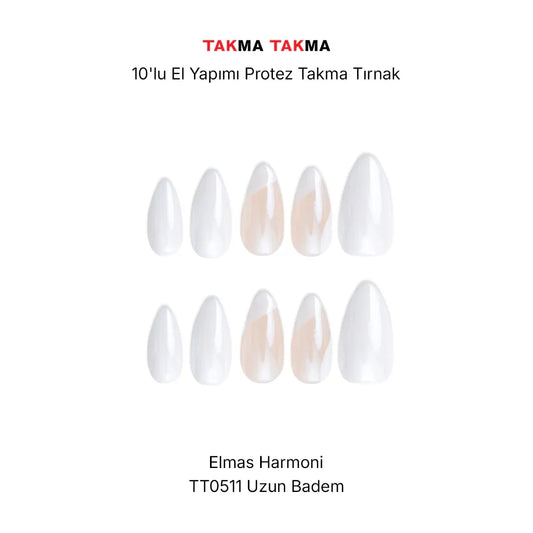 10'lu Beyaz Uzun Badem TT0511 Tekrar Kullanılabilir El Yapımı Protez Takma Tırnak