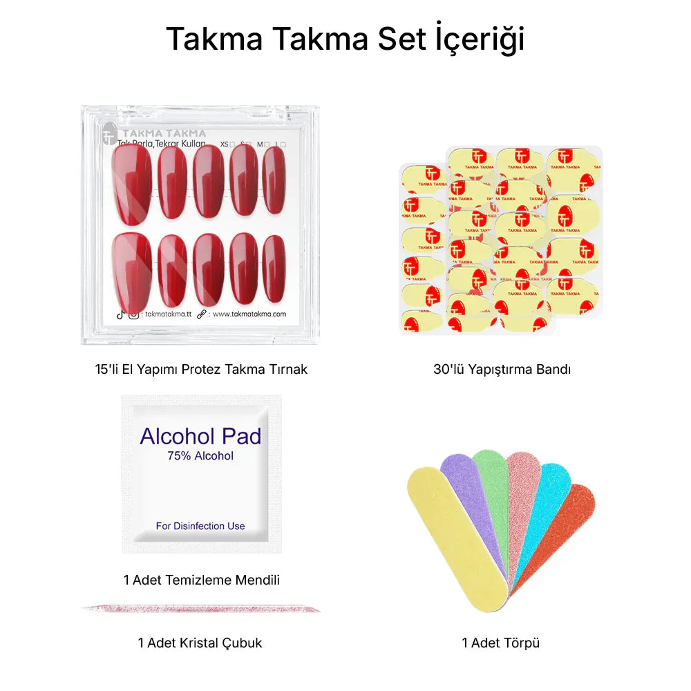 15'li Kırmızı Kısa Oval TT0559 Tekrar Kullanılabilir El Yapımı Protez Takma Tırnak