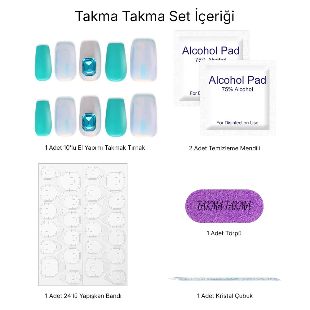 10'lu Mavi Orta Balerin TT0578 Tekrar Kullanılabilir El Yapımı Protez Takma Tırnak Takma Takma