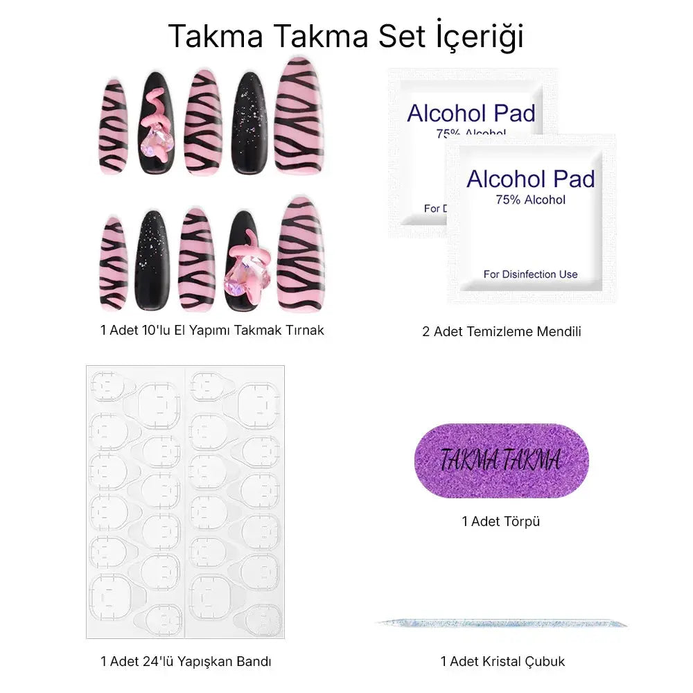 10'lu Pembe Extra Uzun Badem TT0613 Tekrar Kullanılabilir El Yapımı Protez Takma Tırnak Takma Takma