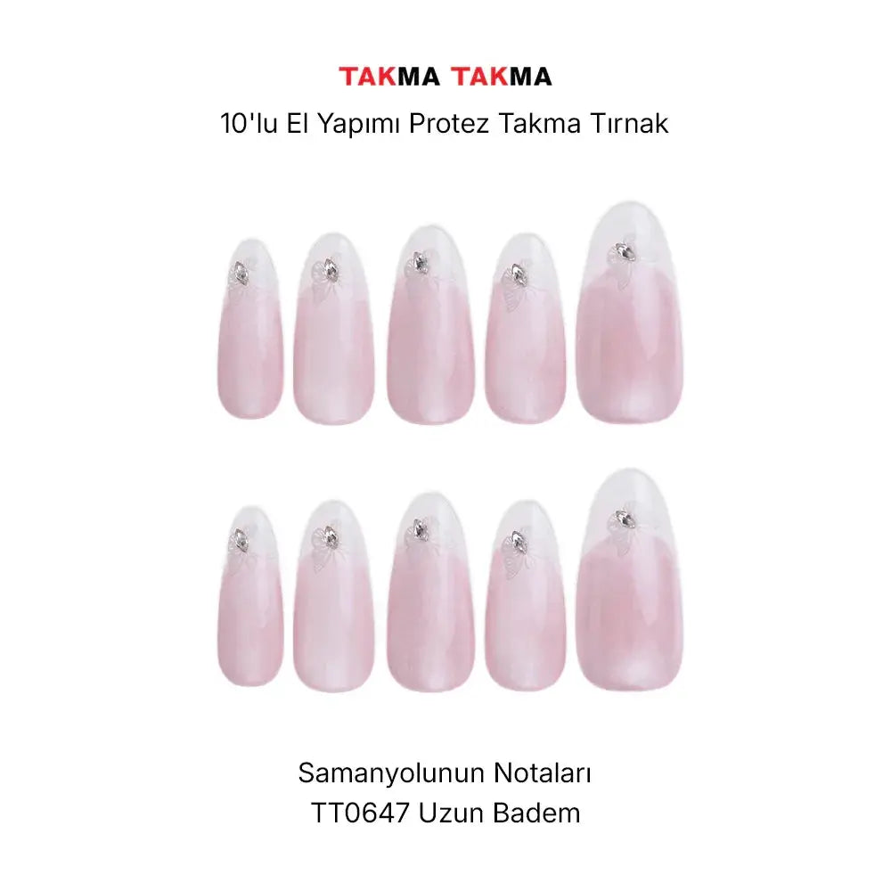 10'lu Pembe Uzun Badem TT0647 Tekrar Kullanılabilir El Yapımı Protez Takma Tırnak Takma Takma