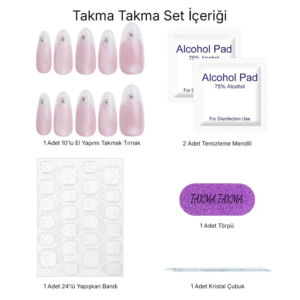 10'lu Pembe Uzun Badem TT0647 Tekrar Kullanılabilir El Yapımı Protez Takma Tırnak