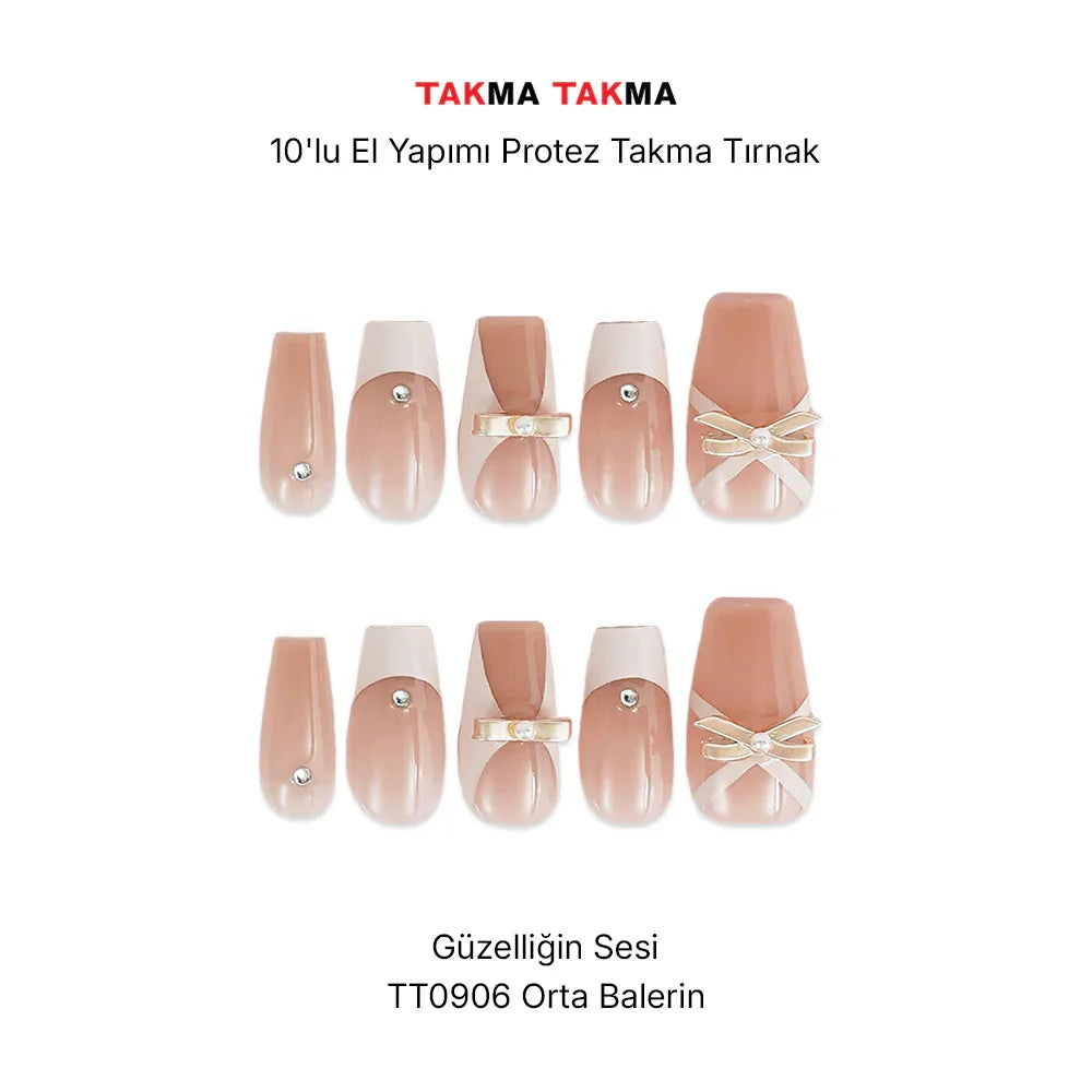 10'lu Ten Rengi  Orta Baleri TT0906 Tekrar Kullanılabilir El Yapımı Protez Takma Tırnak