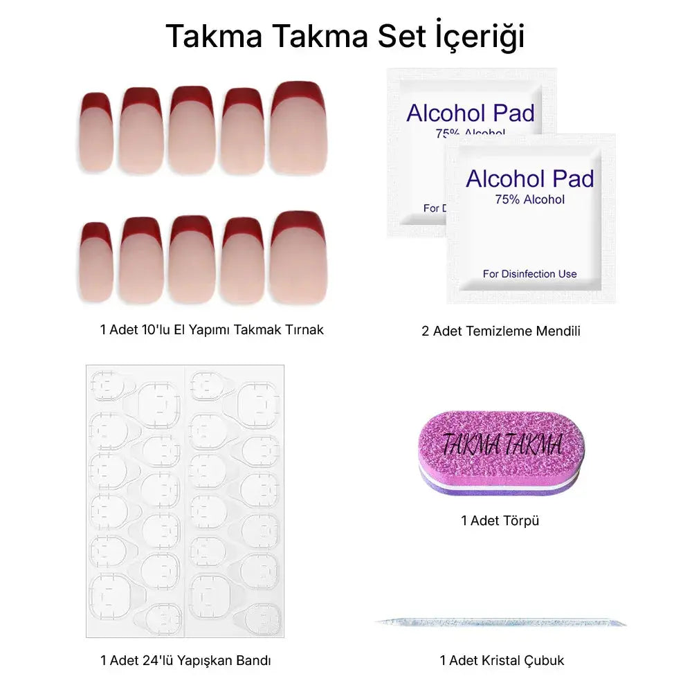 10'lu Bordo Kısa Balerin TT0909 Tekrar Kullanılabilir El Yapımı Protez Takma Tırnak Takma Takma