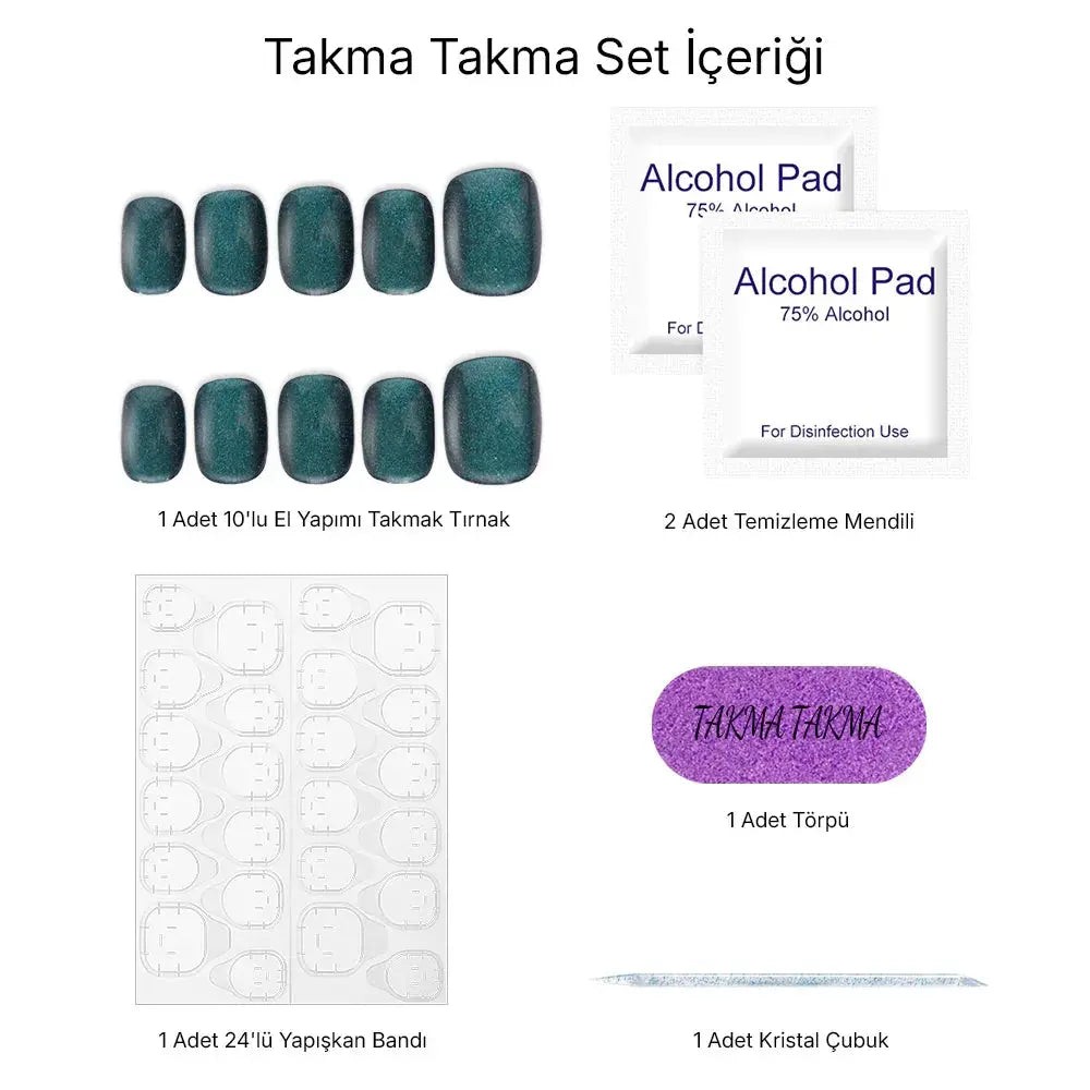 10'lu Kısa Yuvarlak Mavi TT0929 Tekrar Kullanılabilir El Yapımı Protez Takma Tırnak Takma Takma