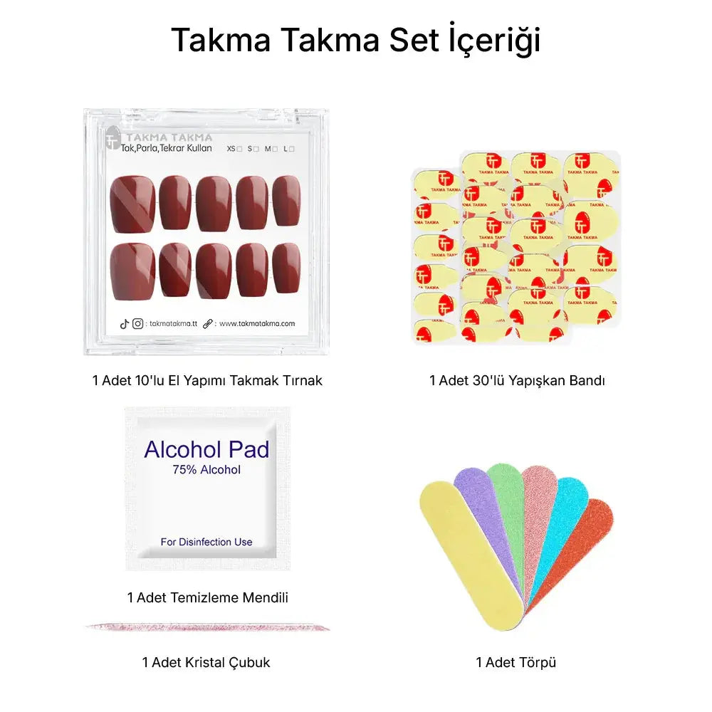 10'lu Bordo Kısa Balerin TT0941 Tekrar Kullanılabilir El Yapımı Protez Takma Tırnak Takma Takma