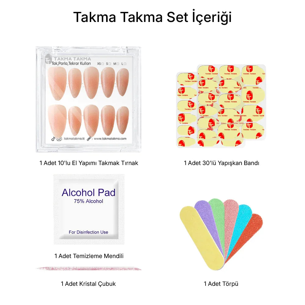 10'lu Ten Rengi Uzun Badem TT0942 Tekrar Kullanılabilir El Yapımı Protez Takma Tırnak