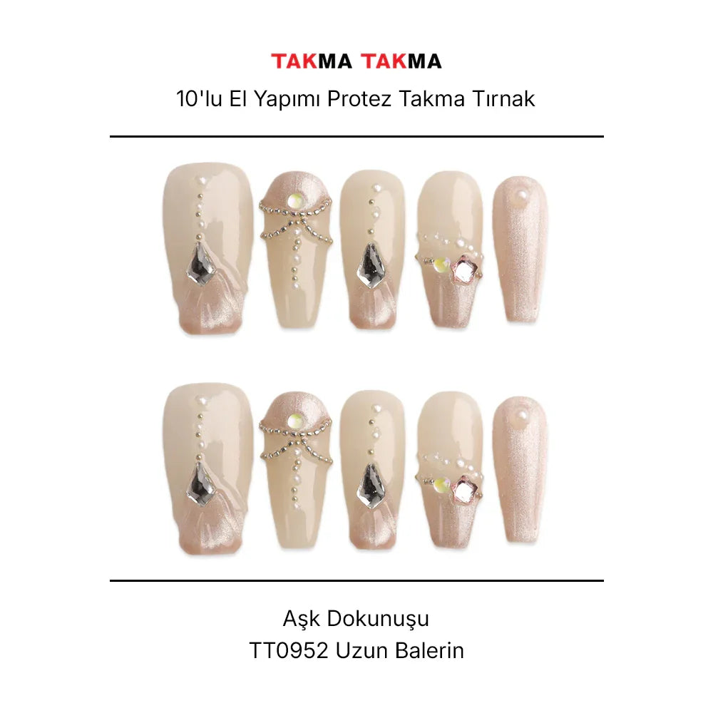 10'lu Ten Rengi Uzun Balerin TT0952 Tekrar Kullanılabilir El Yapımı Protez Takma Tırnak