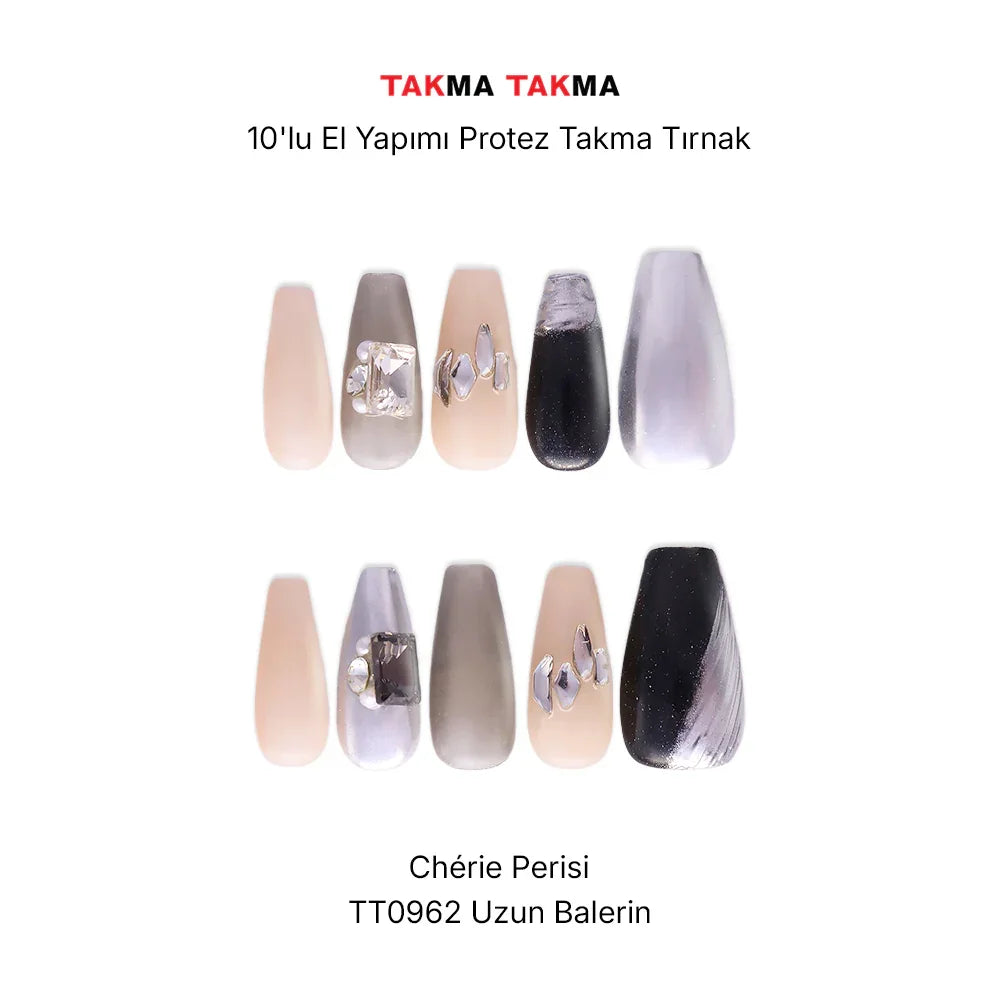 10'lu Siyah Uzun Balerin TT0962 Tekrar Kullanılabilir El Yapımı Protez Takma Tırnak