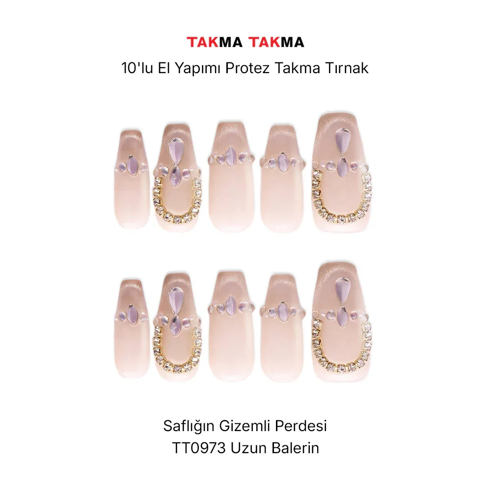 10'lu Ten Rengi Uzun Balerin TT0973 Tekrar Kullanılabilir El Yapımı Protez Takma Tırnak