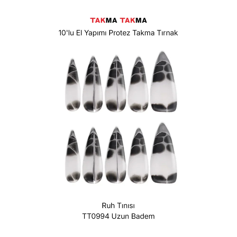 10'lu Siyah Uzun Badem TT0994 Tekrar Kullanılabilir El Yapımı Protez Takma Tırnak
