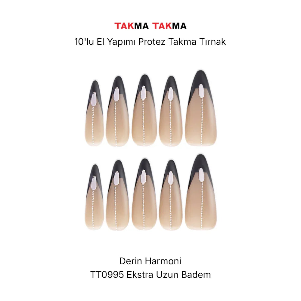 10'lu Siyah Uzun Badem TT0995 Tekrar Kullanılabilir El Yapımı Protez Takma Tırnak