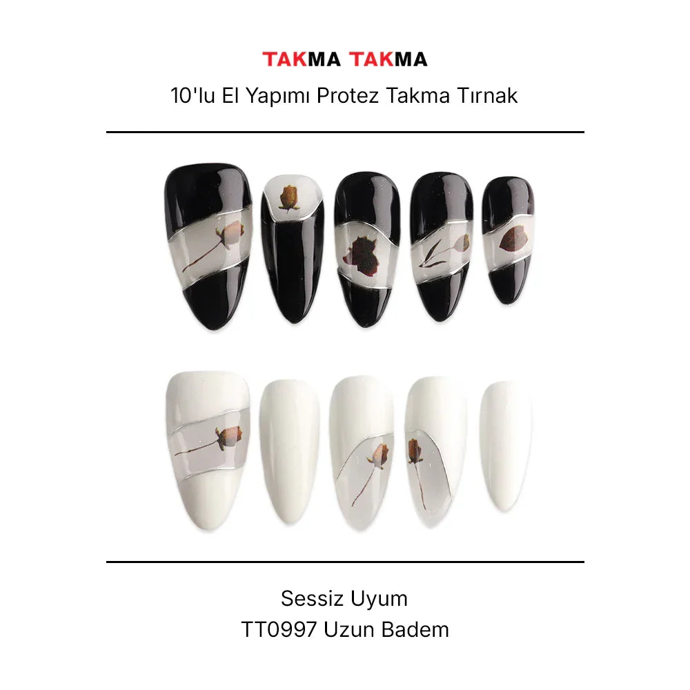 10'lu Siyah Uzun Badem TT0997 Tekrar Kullanılabilir El Yapımı Protez Takma Tırnak
