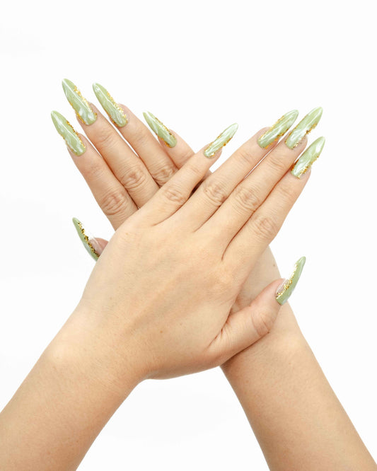 10'lu Yeşil Uzun Badem TT1027 Tekrar Kullanılabilir El Yapımı Protez Takma Tırnak