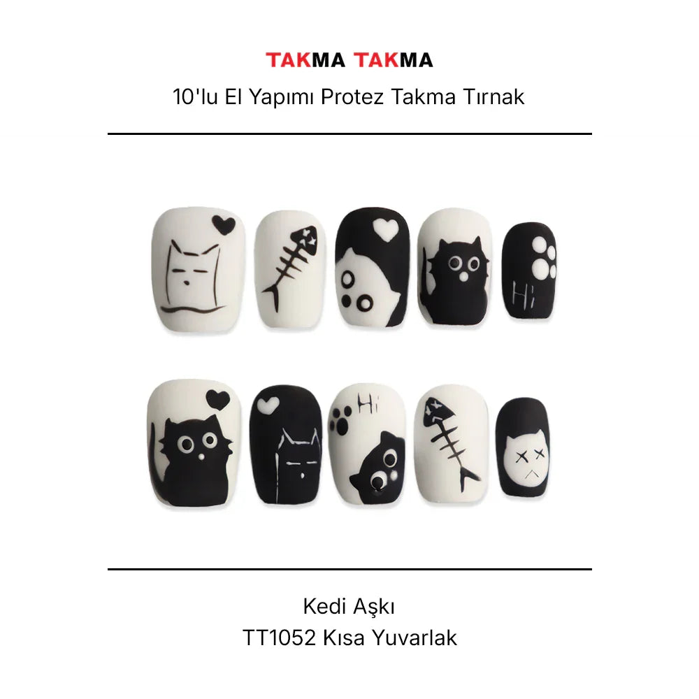 10'lu Siyah Kısa Yuvarlak TT1052 Tekrar Kullanılabilir El Yapımı Protez Takma Tırnak Takma Takma