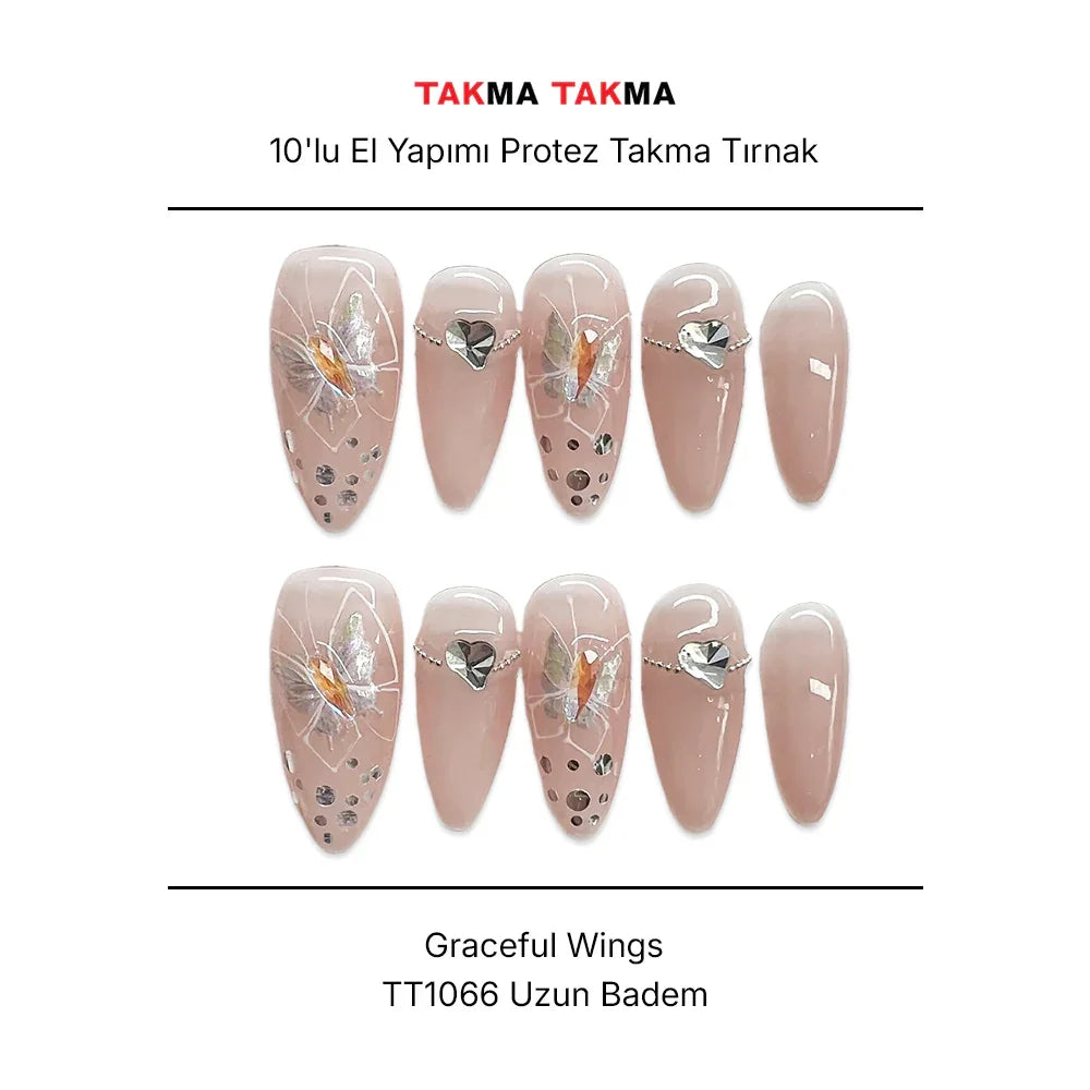 Tekrar Kullanılabilir El Yapımı Protez Takma Tırnak Graceful Wings - 10'lu - TT1066