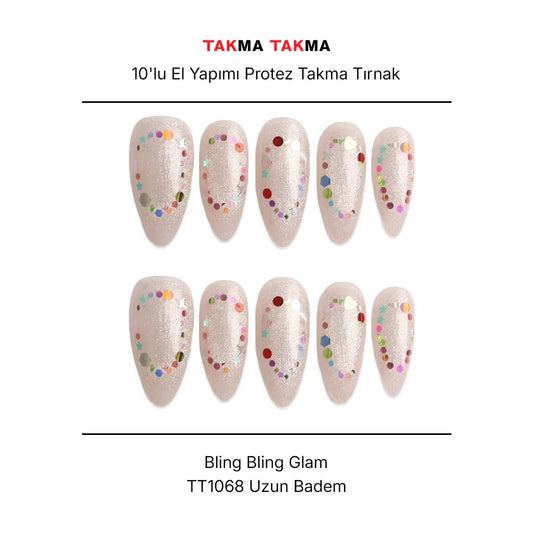 10'lu Ten Rengi Uzun Badem TT1068 Tekrar Kullanılabilir El Yapımı Protez Takma Tırnak