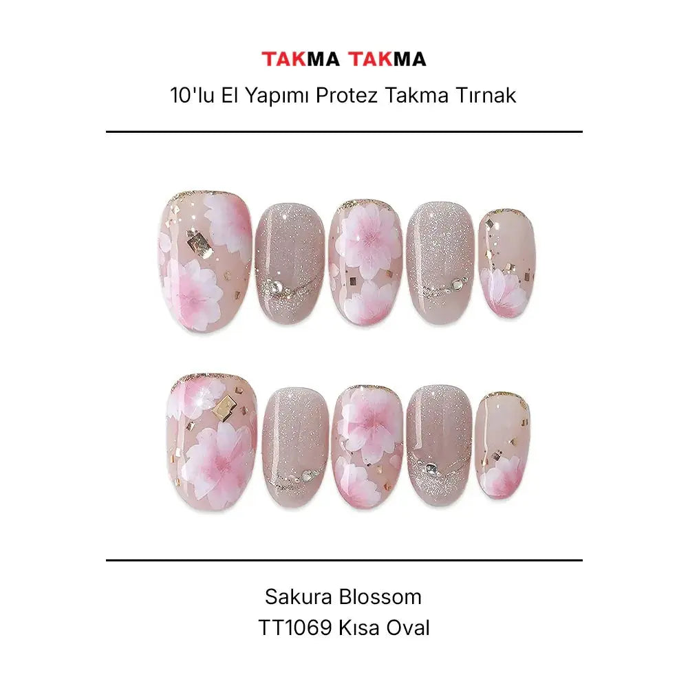 10'lu Pembe Kısa Oval Pembe TT1069 Tekrar Kullanılabilir El Yapımı Protez Takma Tırnak Takma Takma