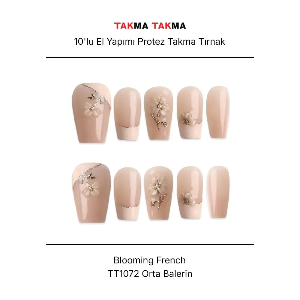 10'lu Pembe Orta Balerin TT1072 Tekrar Kullanılabilir El Yapımı Protez Takma Tırnak Takma Takma