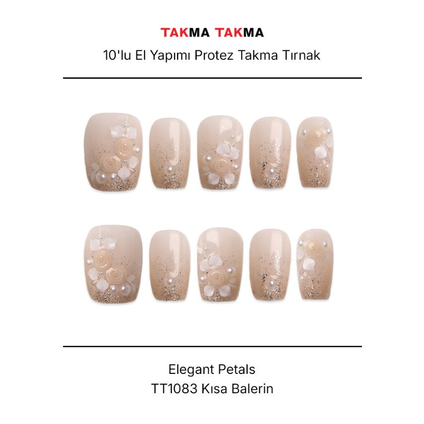 Tekrar Kullanılabilir El Yapımı Protez Takma Tırnak Elegant Petals - 10'lu - TT1083