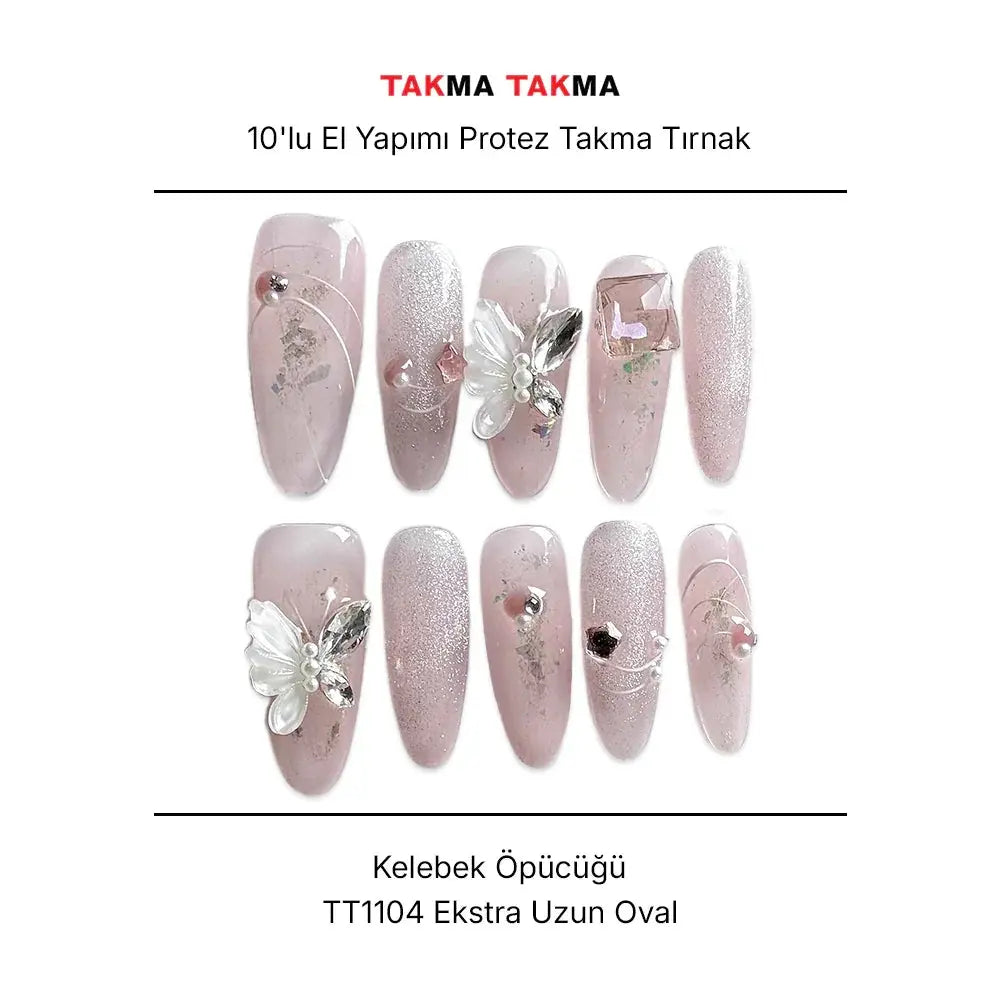 10'lu Pembe Extra Uzun Oval TT1104 Tekrar Kullanılabilir El Yapımı Protez Takma Tırnak Takma Takma