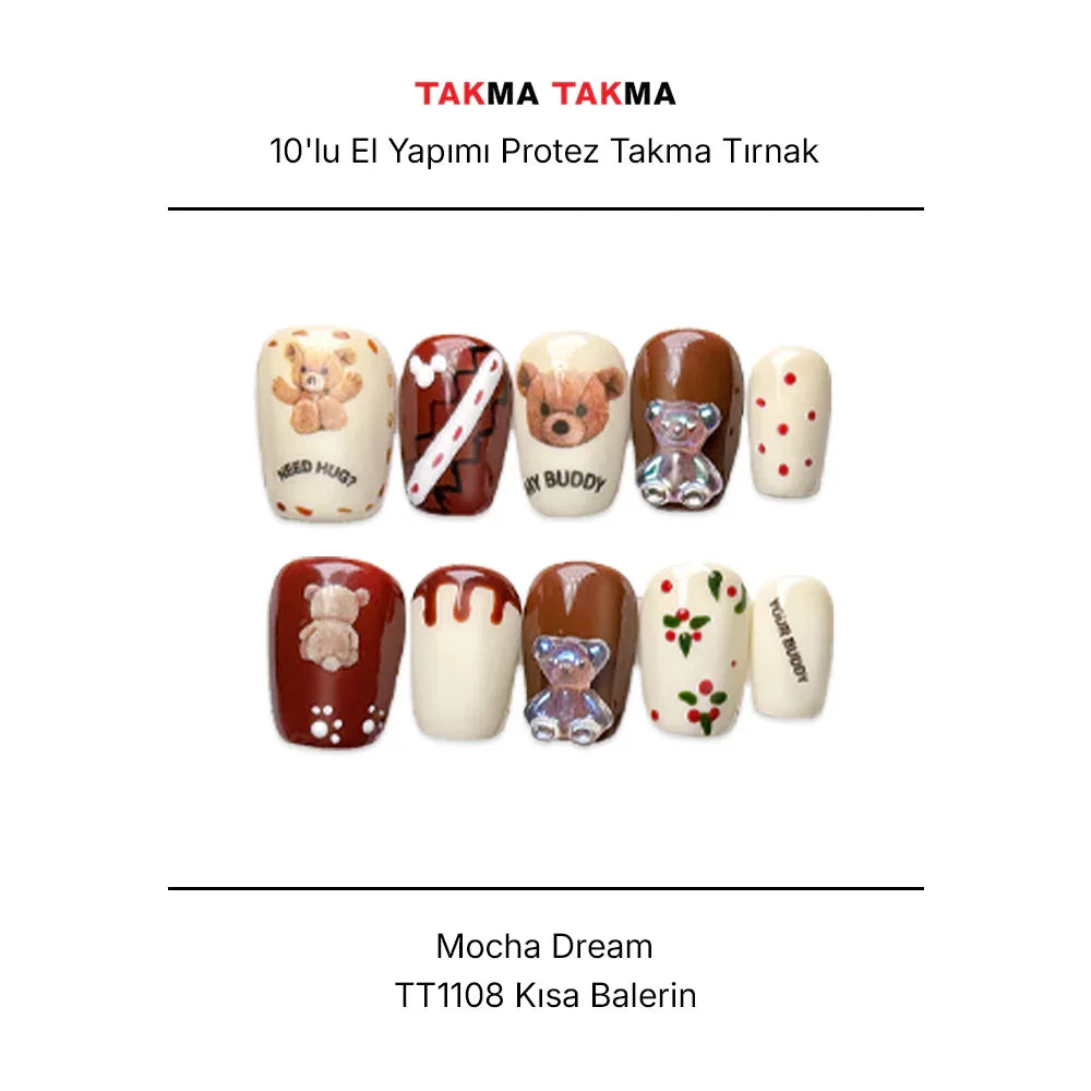 Tekrar Kullanılabilir El Yapımı Protez Takma Tırnak TT1108 - Mocha Dream - 10'lu