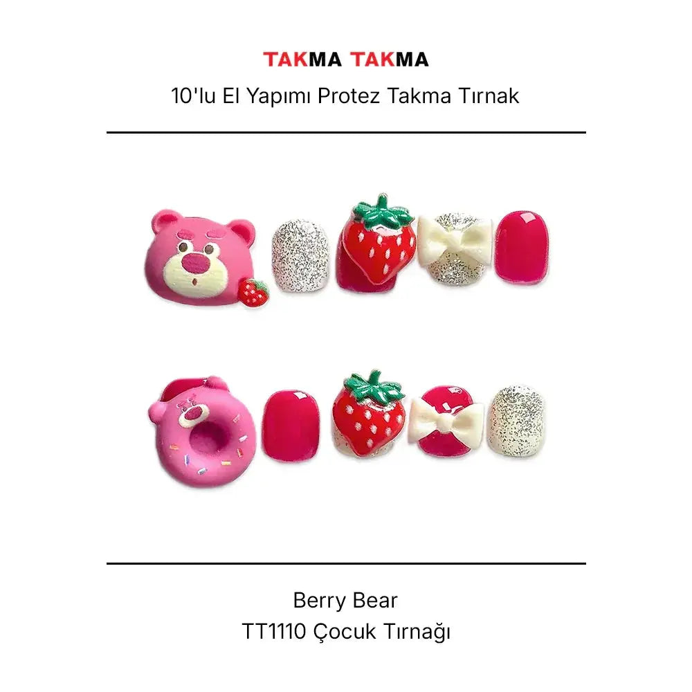 Tekrar Kullanılabilir El Yapımı Protez Çocuk Takma Tırnak- Berry Bear - 10'lu TT1110 Takma Takma